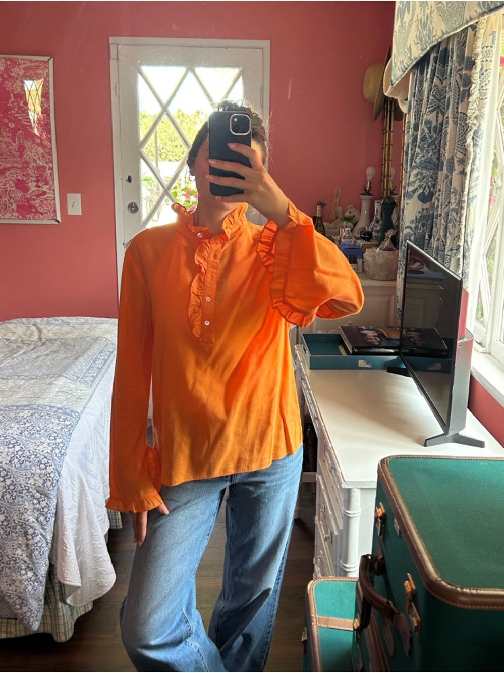 Bright Orange Ruffle Button-Up Blouse - Picture 2 of 4